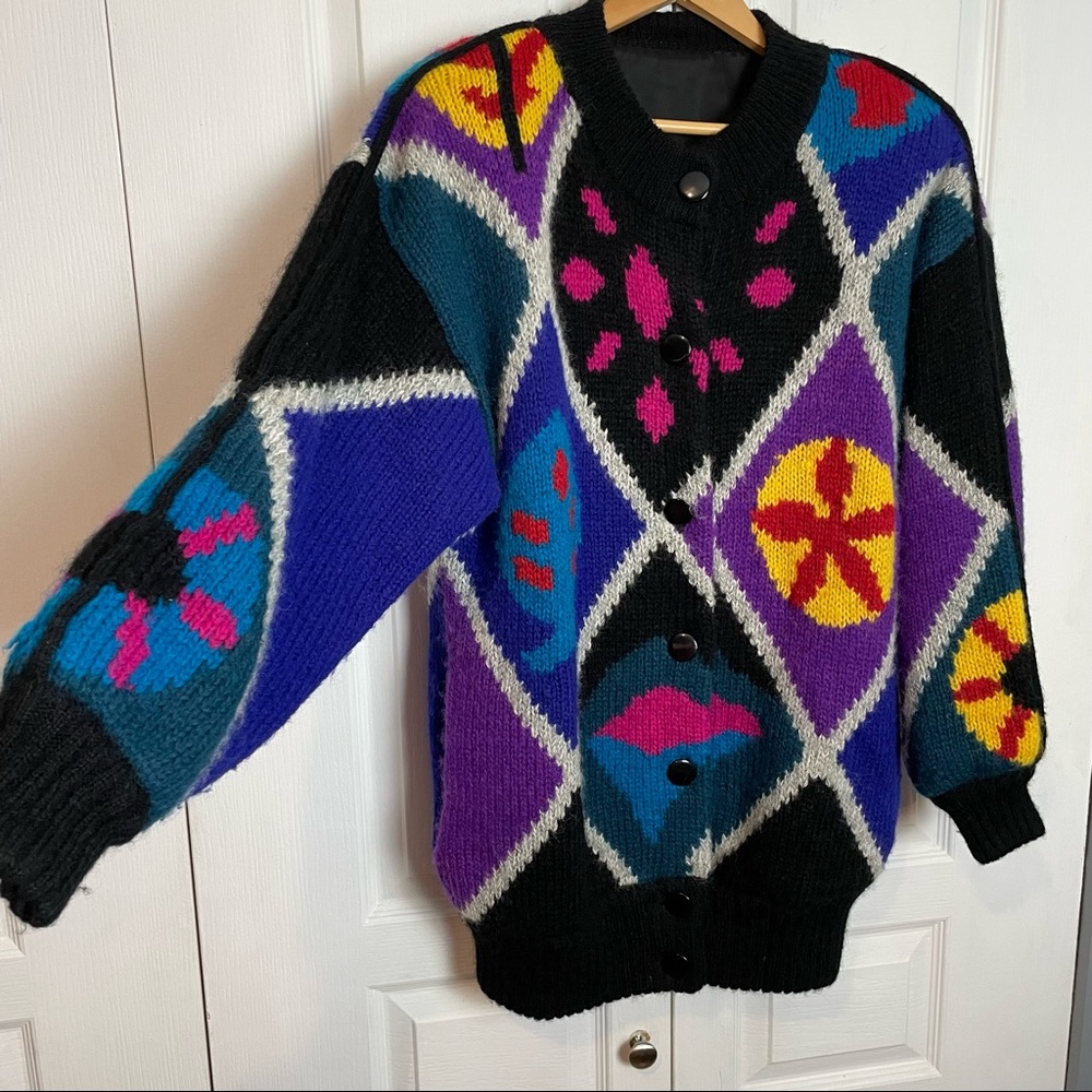 Vintage Patterned Sweater Knit Jacket Coatigan 80s Artsy